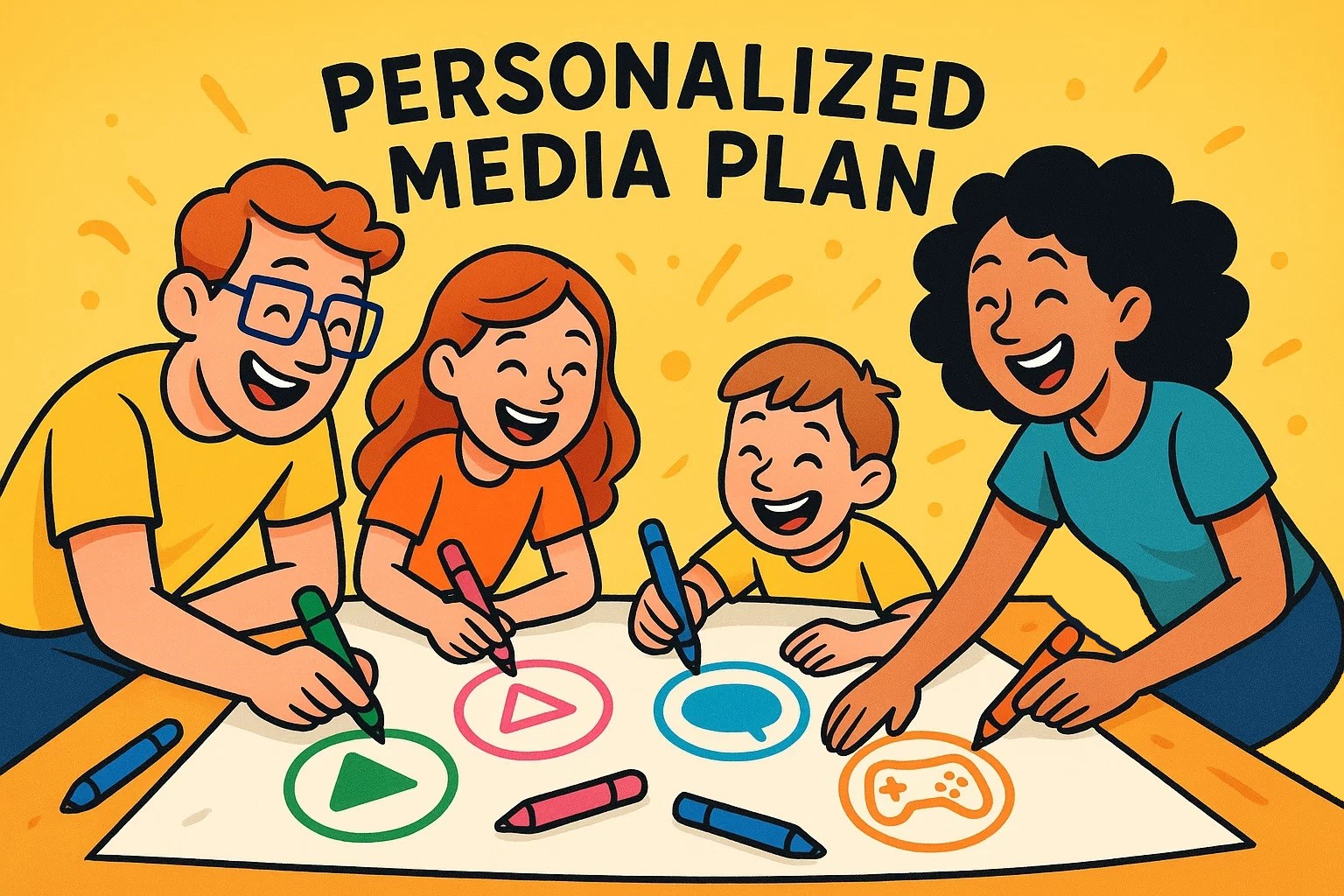 A vibrant cartoon family drawing a personalized media plan on a large poster, with different icons for each member. A vibrant cartoon family drawing a personalized media plan on a large poster, with different icons for each member.