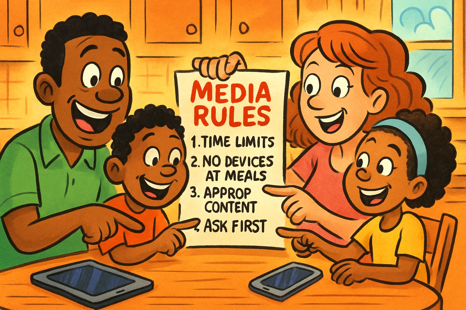 A cheerful cartoon family, with parents and two kids, sitting together at a kitchen table and happily discussing media rules.