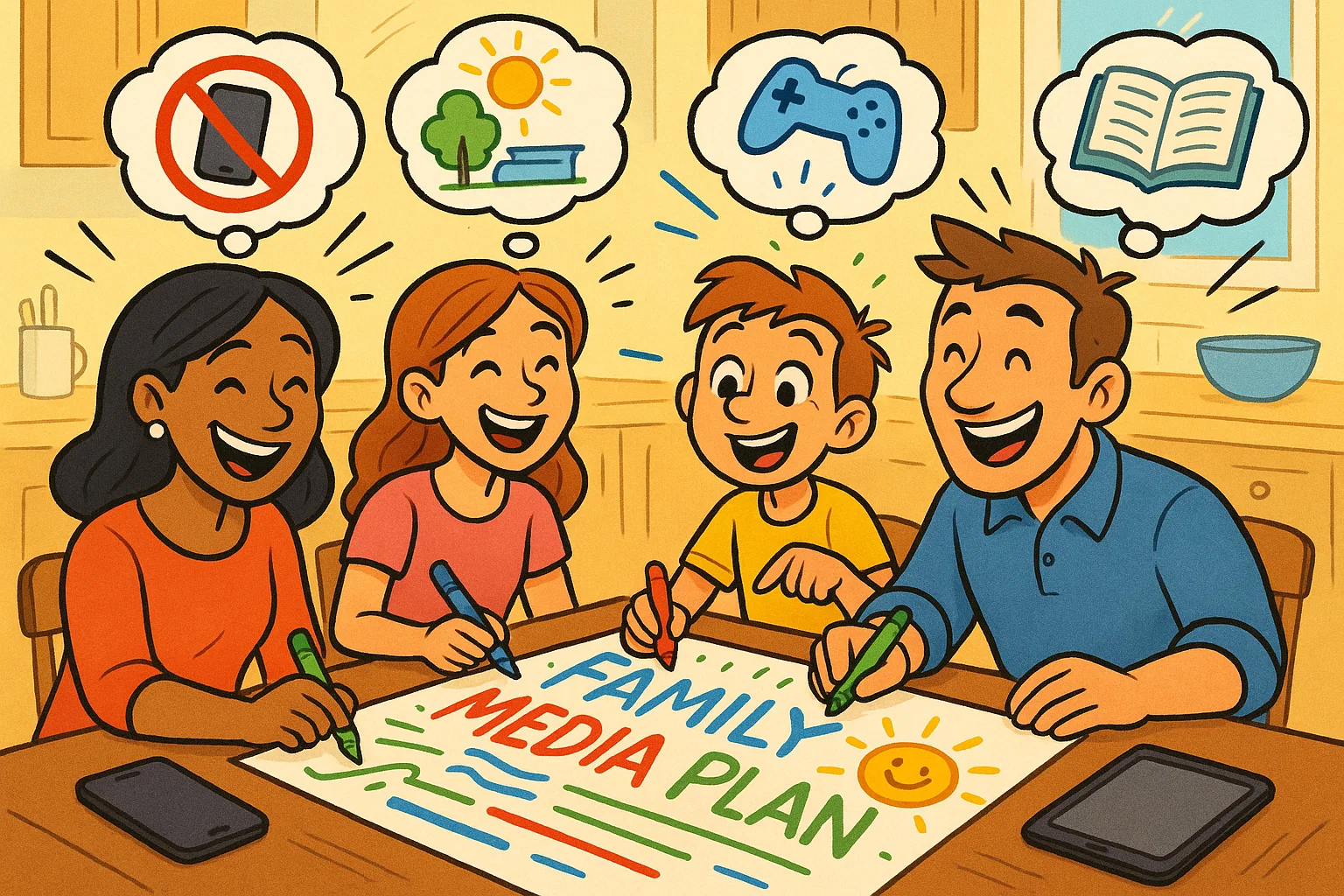 A cheerful cartoon of a diverse family collaborating on a  A cheerful cartoon of a diverse family collaborating on a
