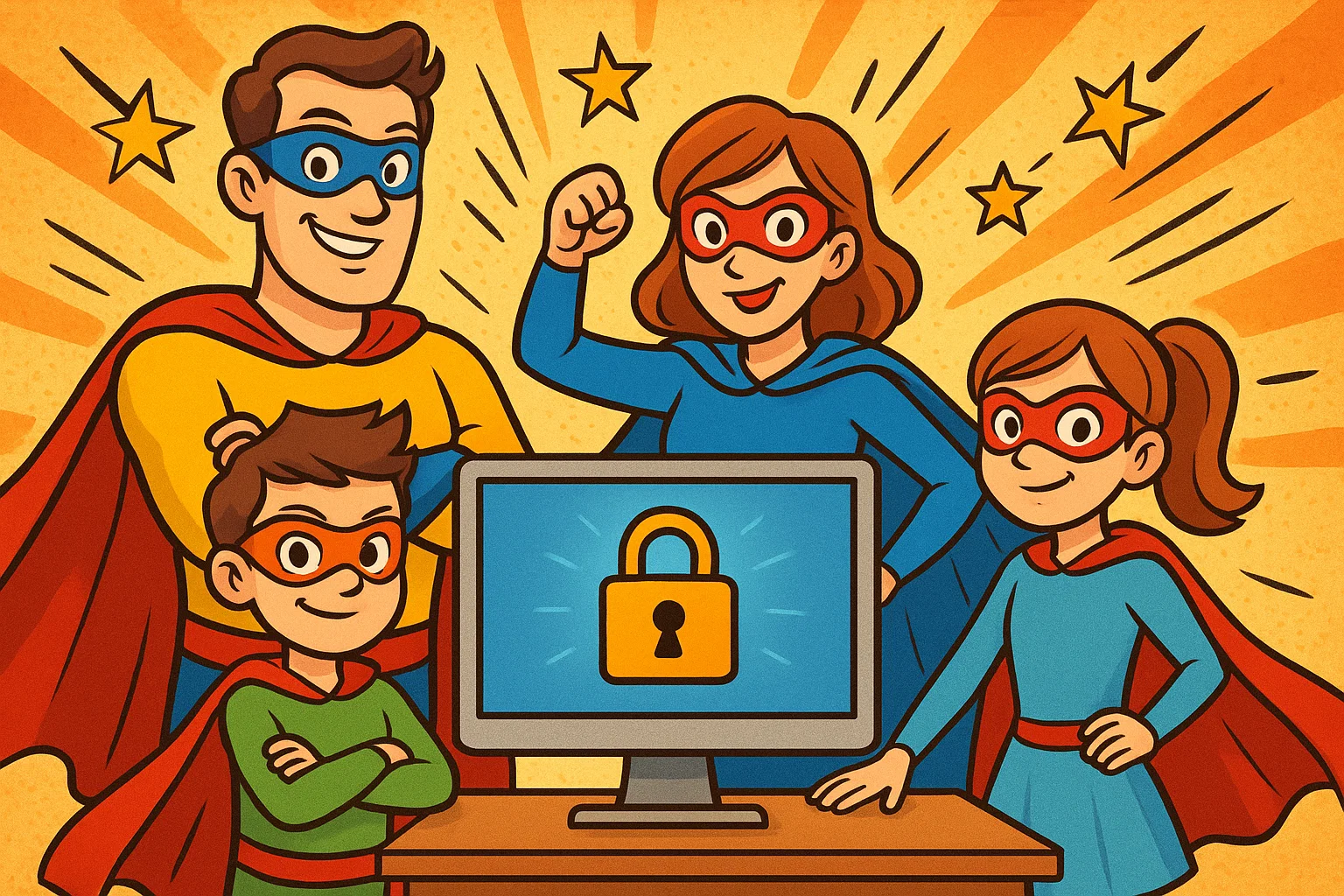 A superhero-themed cartoon of a family wearing capes and standing around a computer, ready to be safe online.