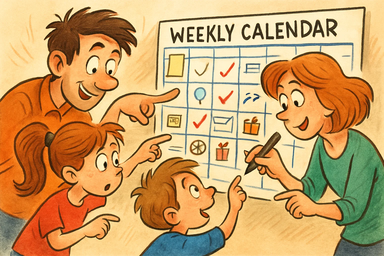 A dynamic cartoon family reviewing their media plan. They are pointing to a calendar with checkmarks and adjustments.