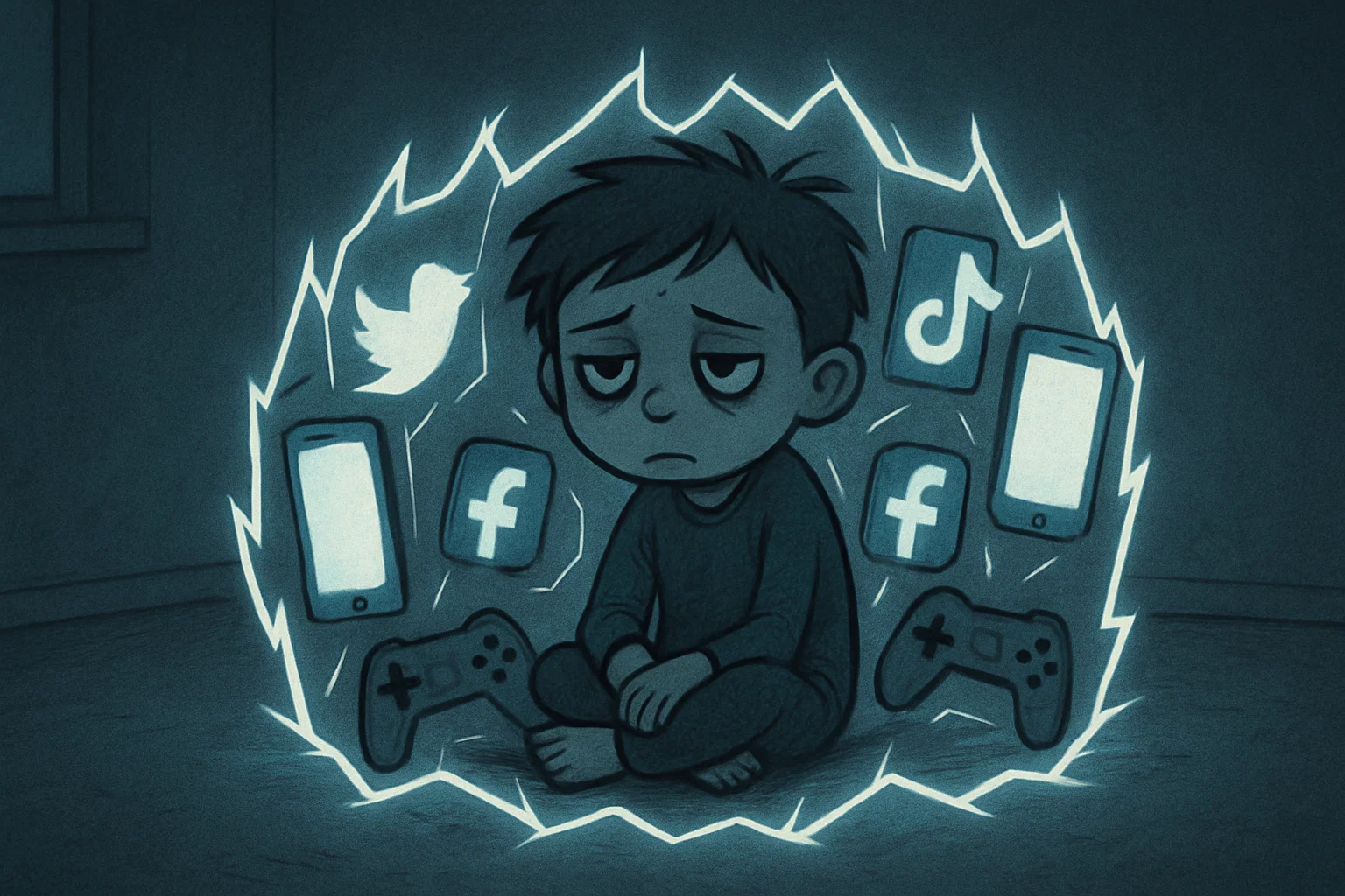 A cartoon of a child trapped in a digital cage of social media icons and screens, with a feeling of isolation.
