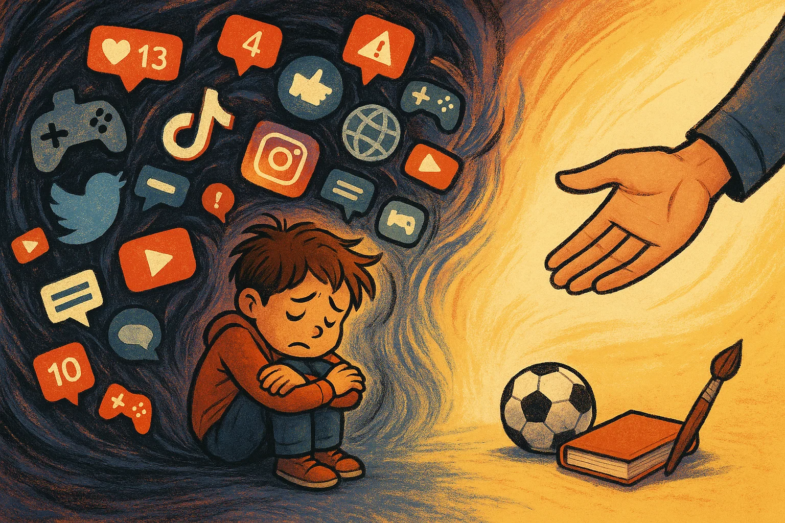 A cartoon of a child’s mind with chaotic screens, while a hand reaches out from the outside to help.
