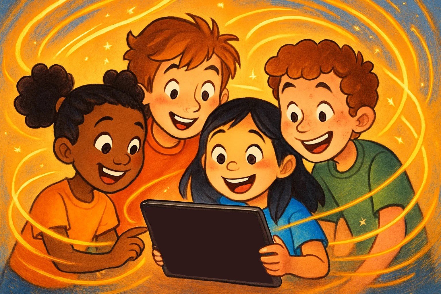 A cartoon of diverse children happily using a tablet to explore a galaxy and a book, with bright, flowing lines connecting them.
