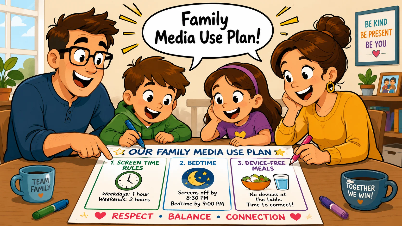 Family media use plan with screen time rules for children. 

