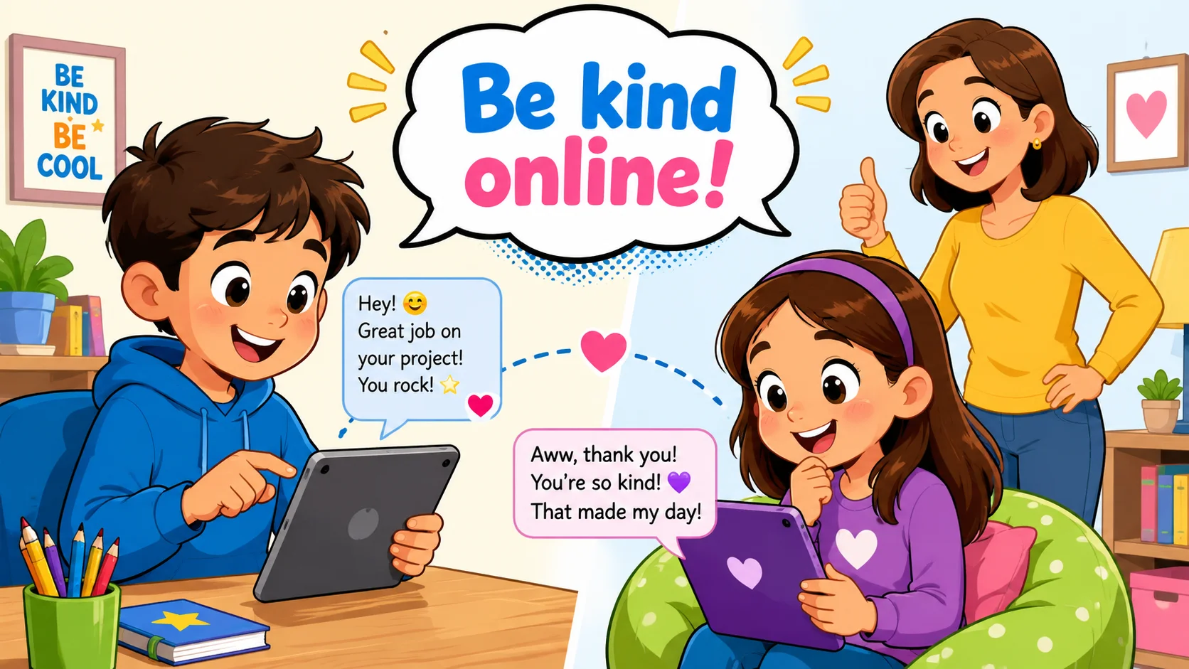 Family online etiquette with kids sending kind messages on tablets.