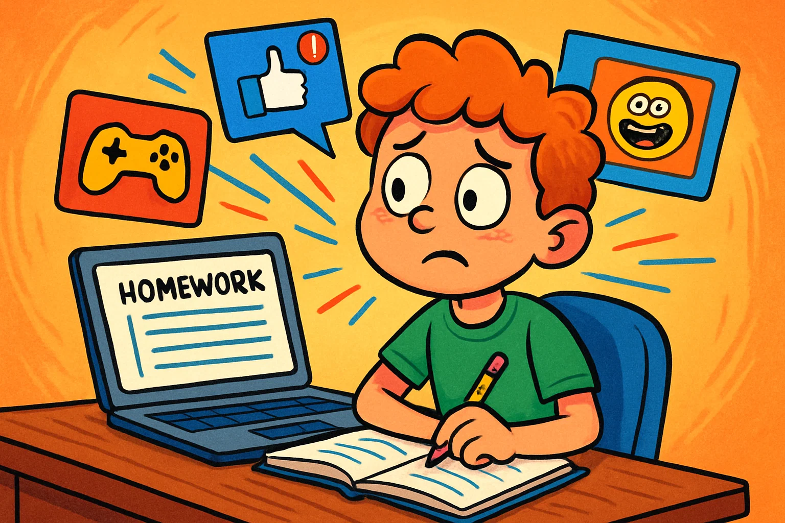 A cartoon of a student doing homework with a laptop, distracted by pop-ups and notifications.
