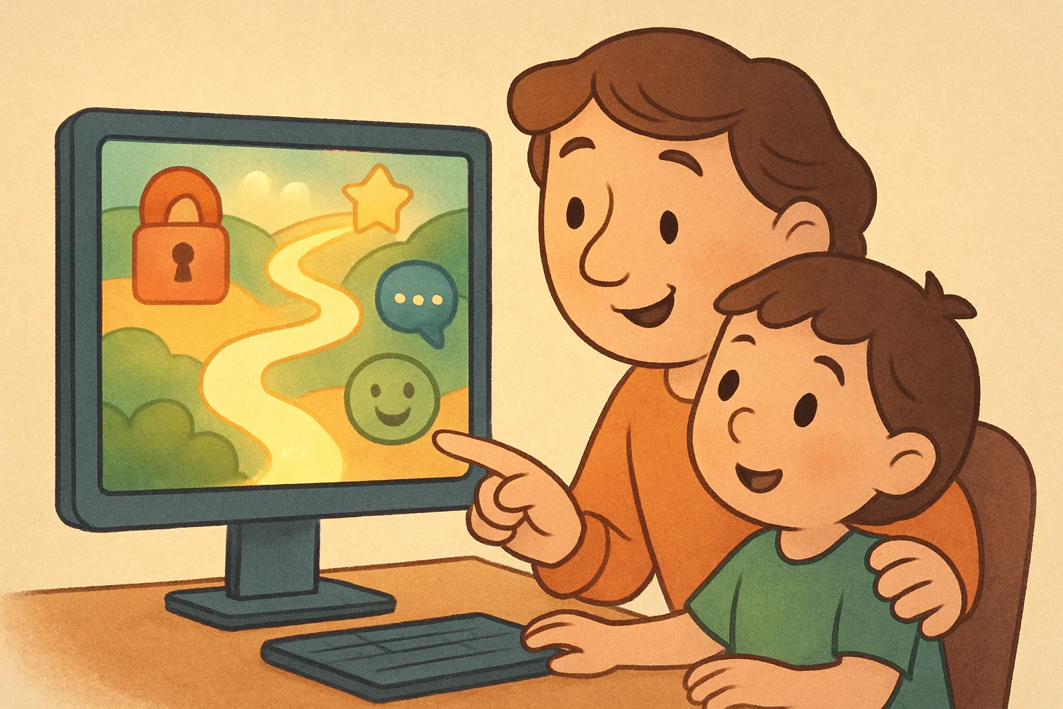A cartoon of a parent and child exploring the internet together, with a safe, winding path of bright icons.
