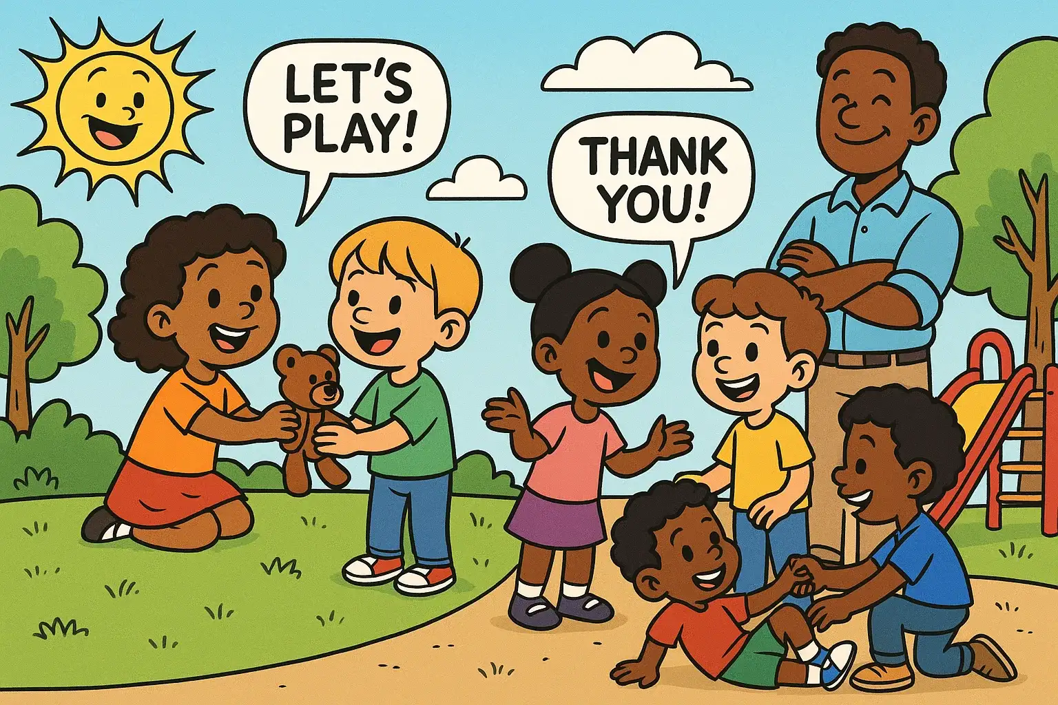 10 ways to teach children social skills. Kids sharing toys and practicing polite communication.