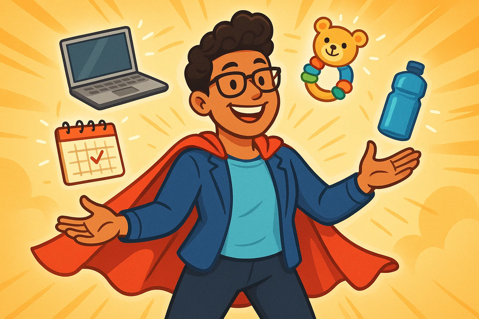 A cheerful cartoon of a working parent juggling work, family, and self-care with a big smile, surrounded by colorful, stylized icons of their busy life.