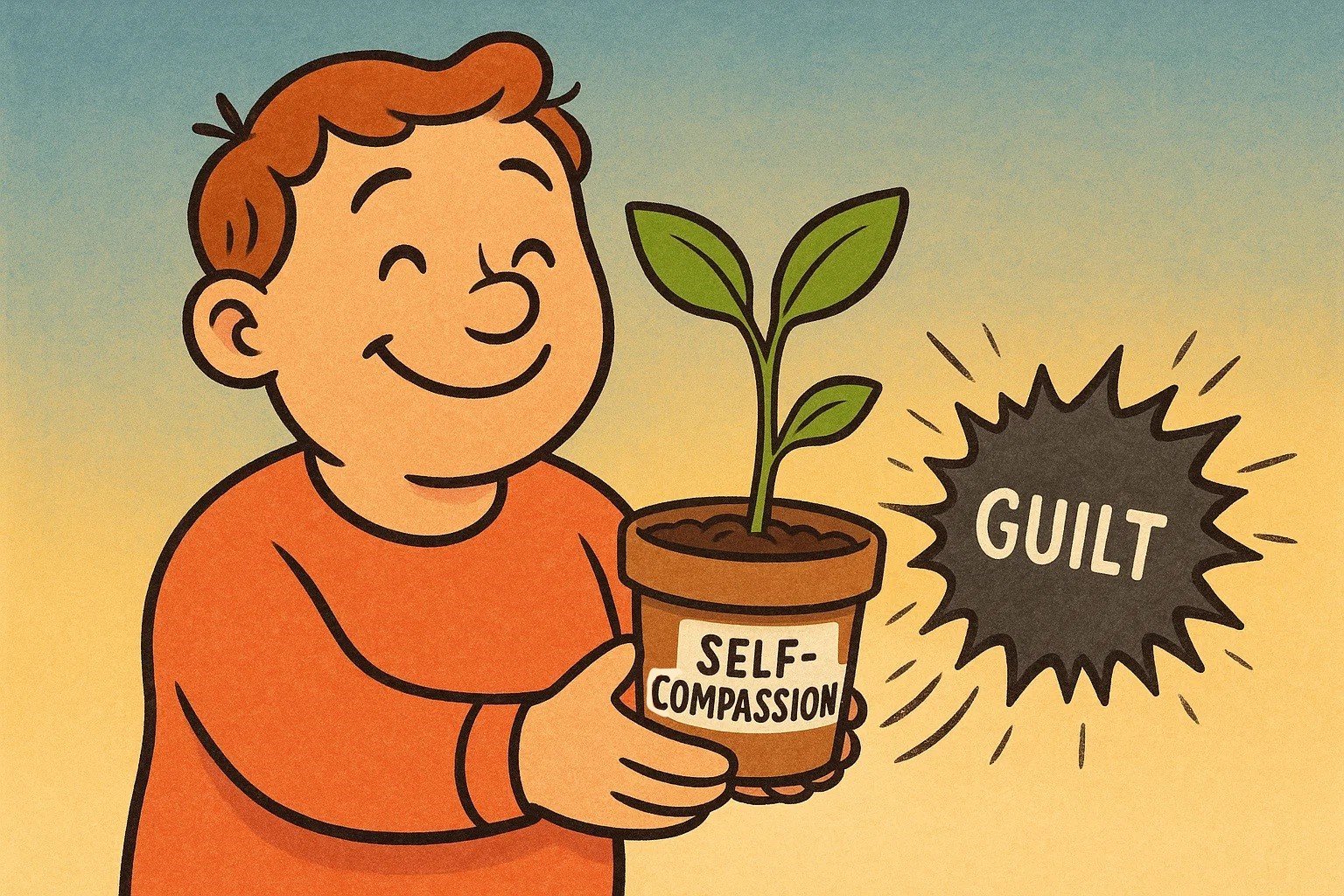 A cartoon of a parent growing a plant of self-compassion to push away a ball of guilt.
