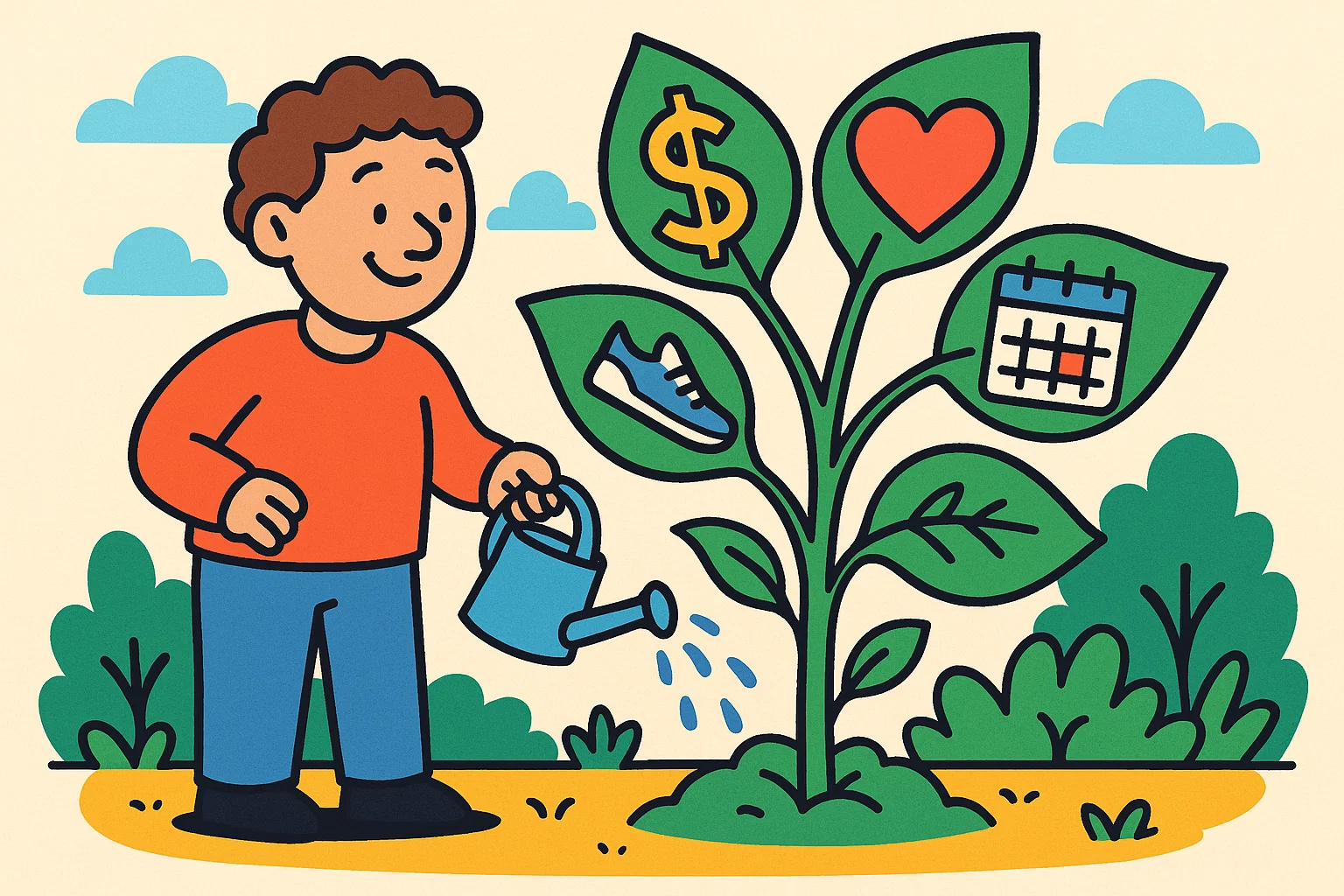 A cheerful cartoon of a parent watering a plant with leaves shaped like symbols of a balanced life. A cheerful cartoon of a parent watering a plant with leaves shaped like symbols of a balanced life.