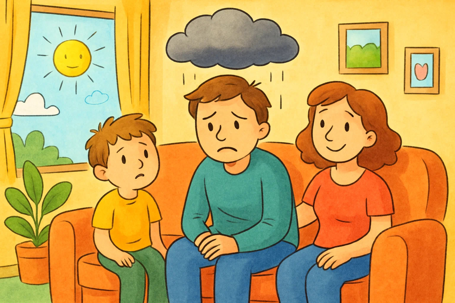 A cartoon family with a parent who has a small, gray cloud over their head.
