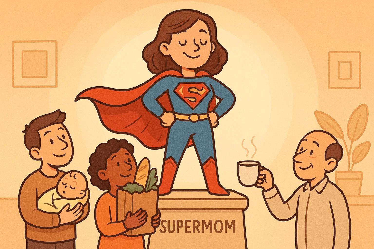 A friendly cartoon of a "supermom" receiving help from family and friends, showing a support network. A friendly cartoon of a "supermom" receiving help from family and friends, showing a support network.