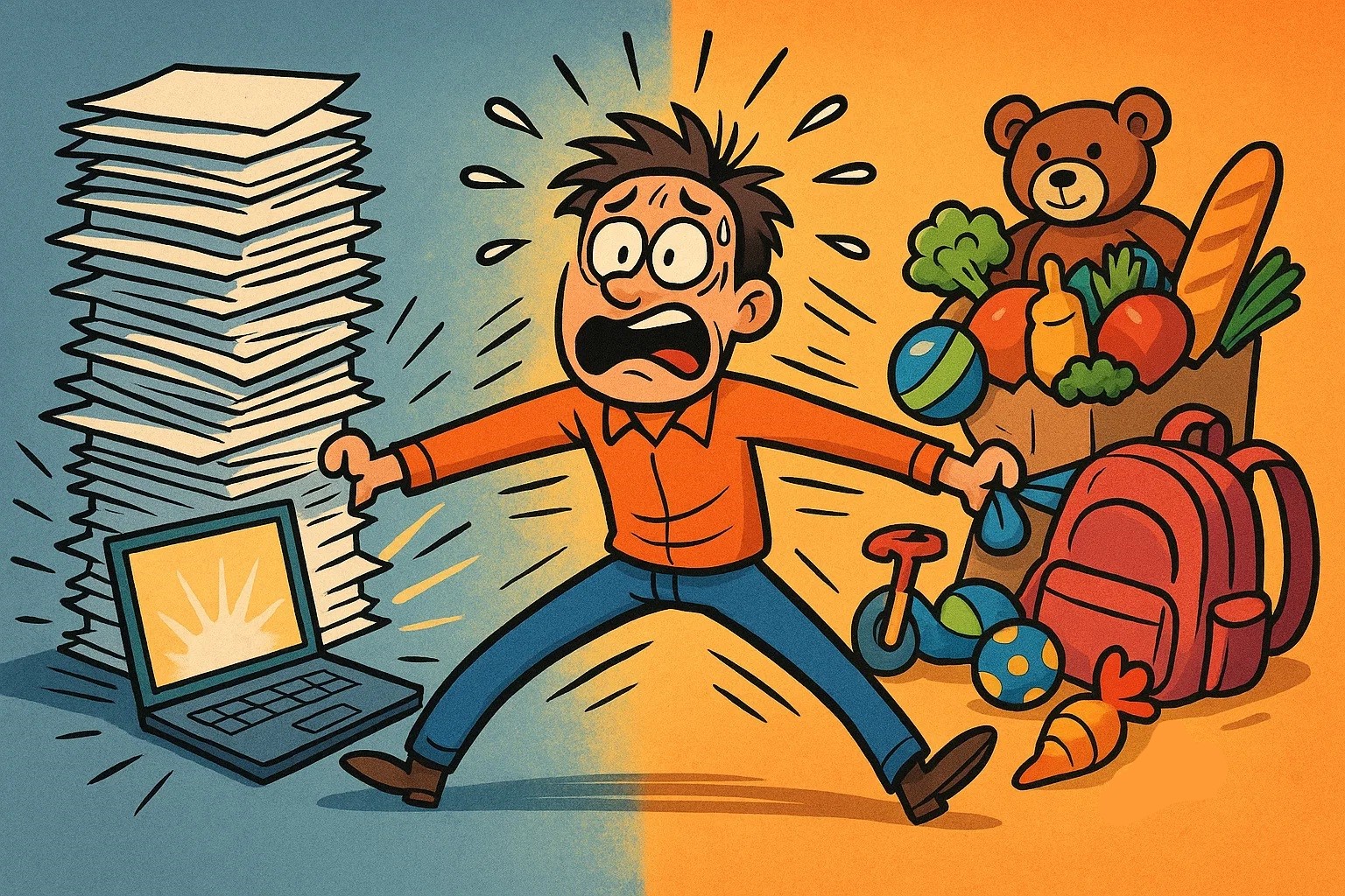 A cartoon of a person being crushed by a pile of work on one side and family chores on the other. 