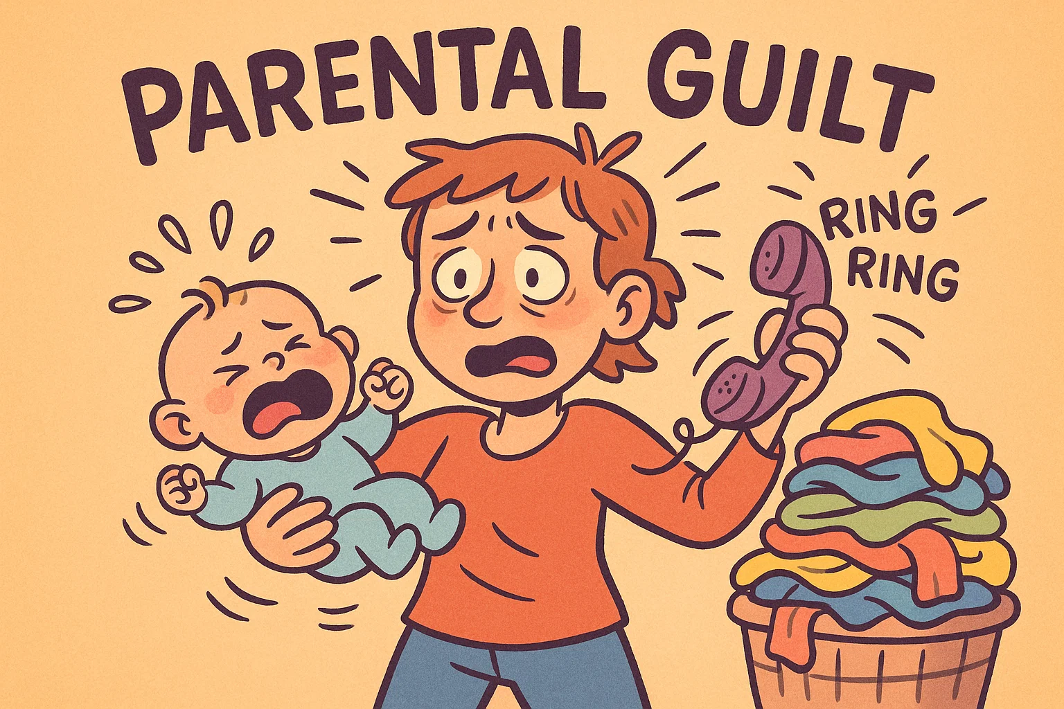 A cartoon of a stressed parent juggling a baby and phone with a warm color palette. A cartoon of a stressed parent juggling a baby and phone with a warm color palette.