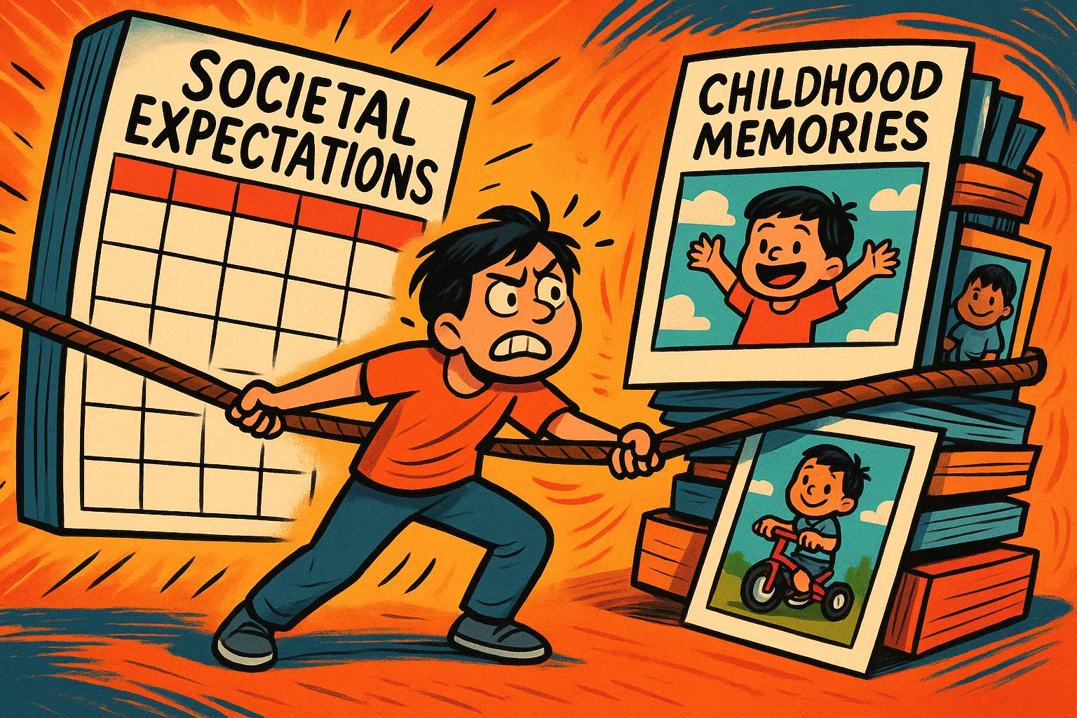 A cartoon parent being pulled between societal expectations and childhood memories.