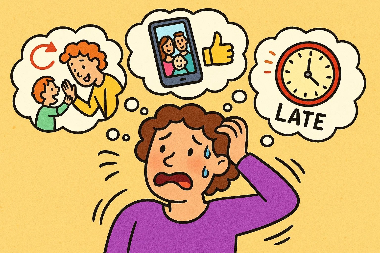 A cartoon parent with thought bubbles depicting self-doubt and social media comparison.
