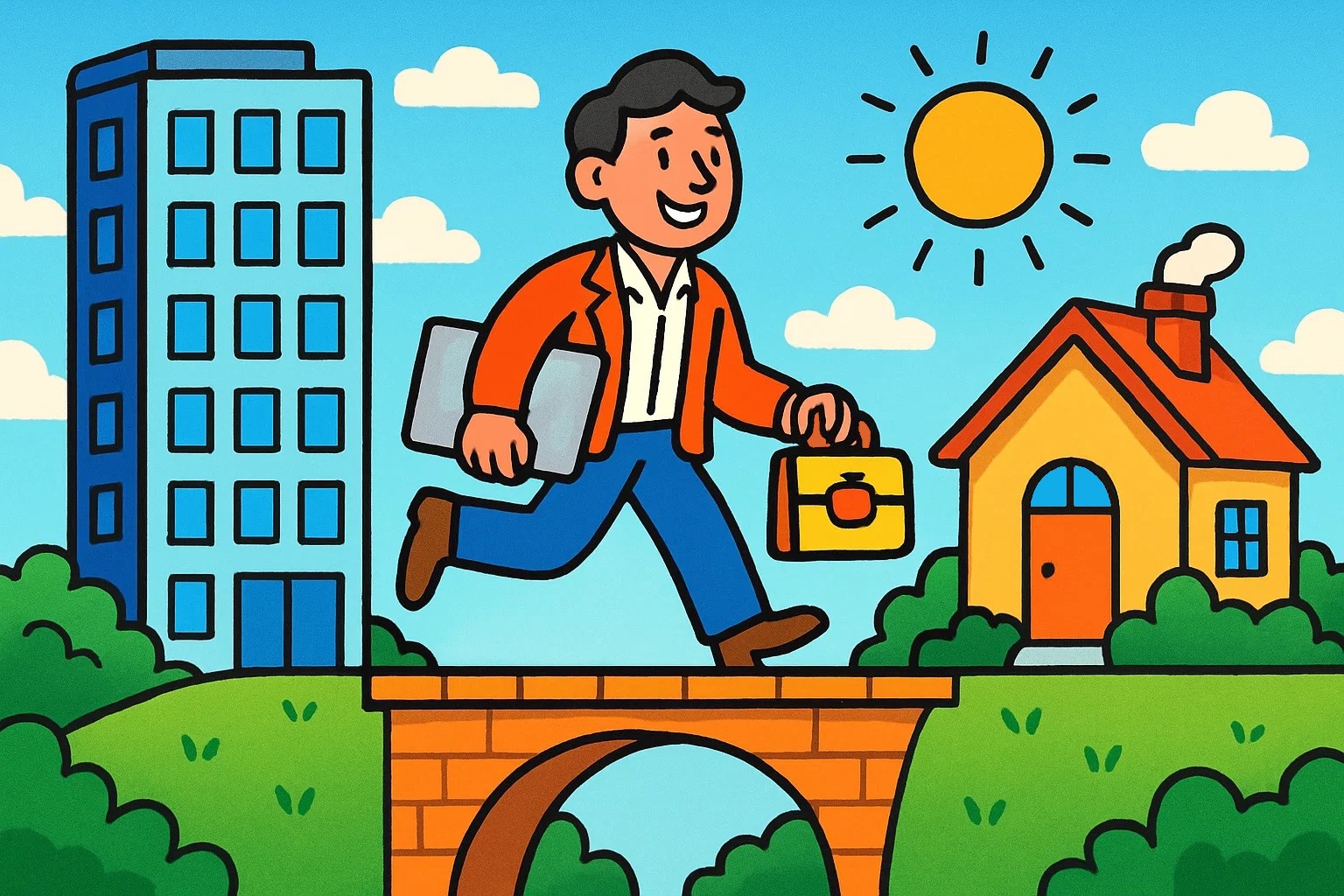 A cartoon showing a person happily building a bridge between their home life and work life. 
