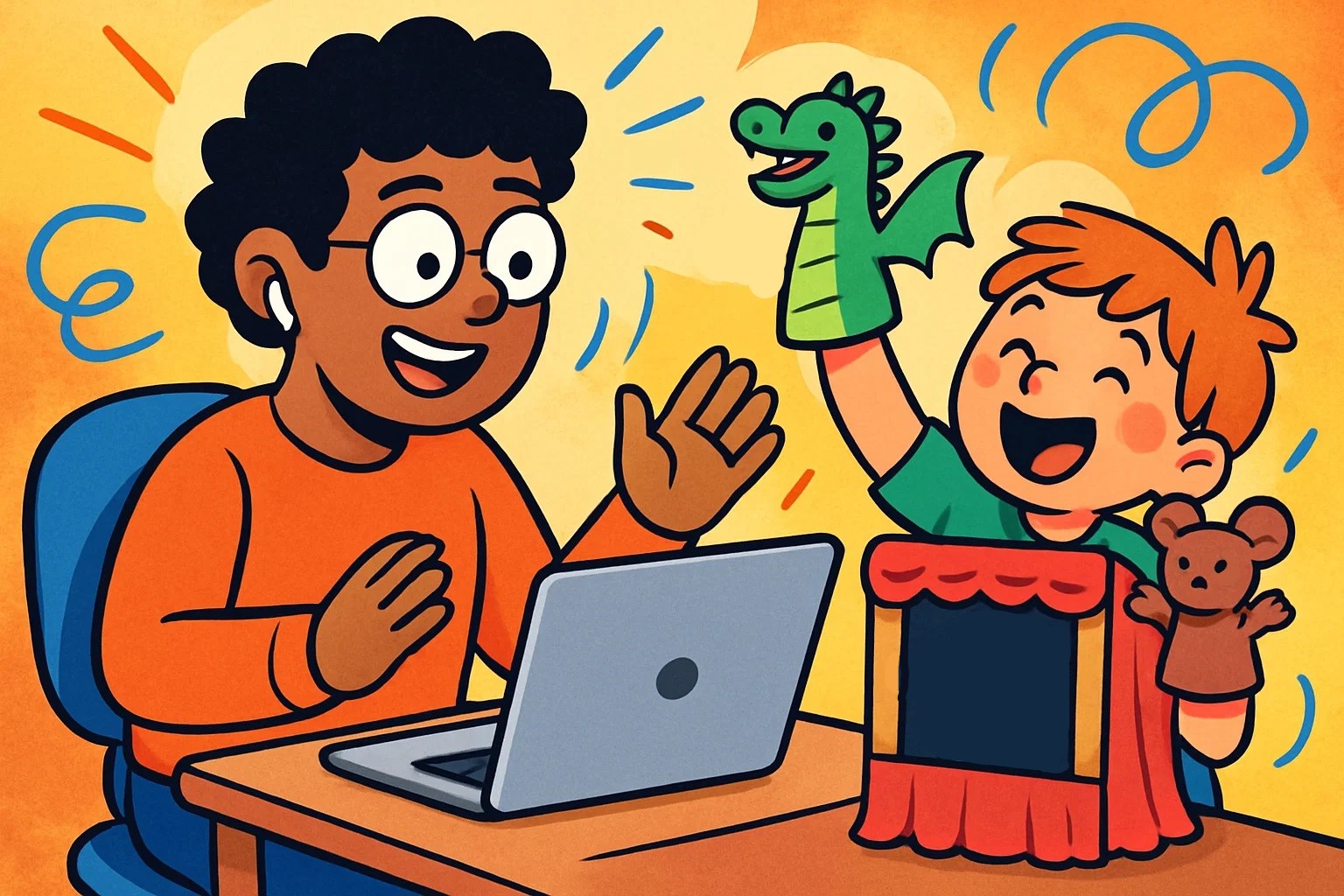 A cartoon of a person pulled between a video call and a child's school play happening simultaneously. 