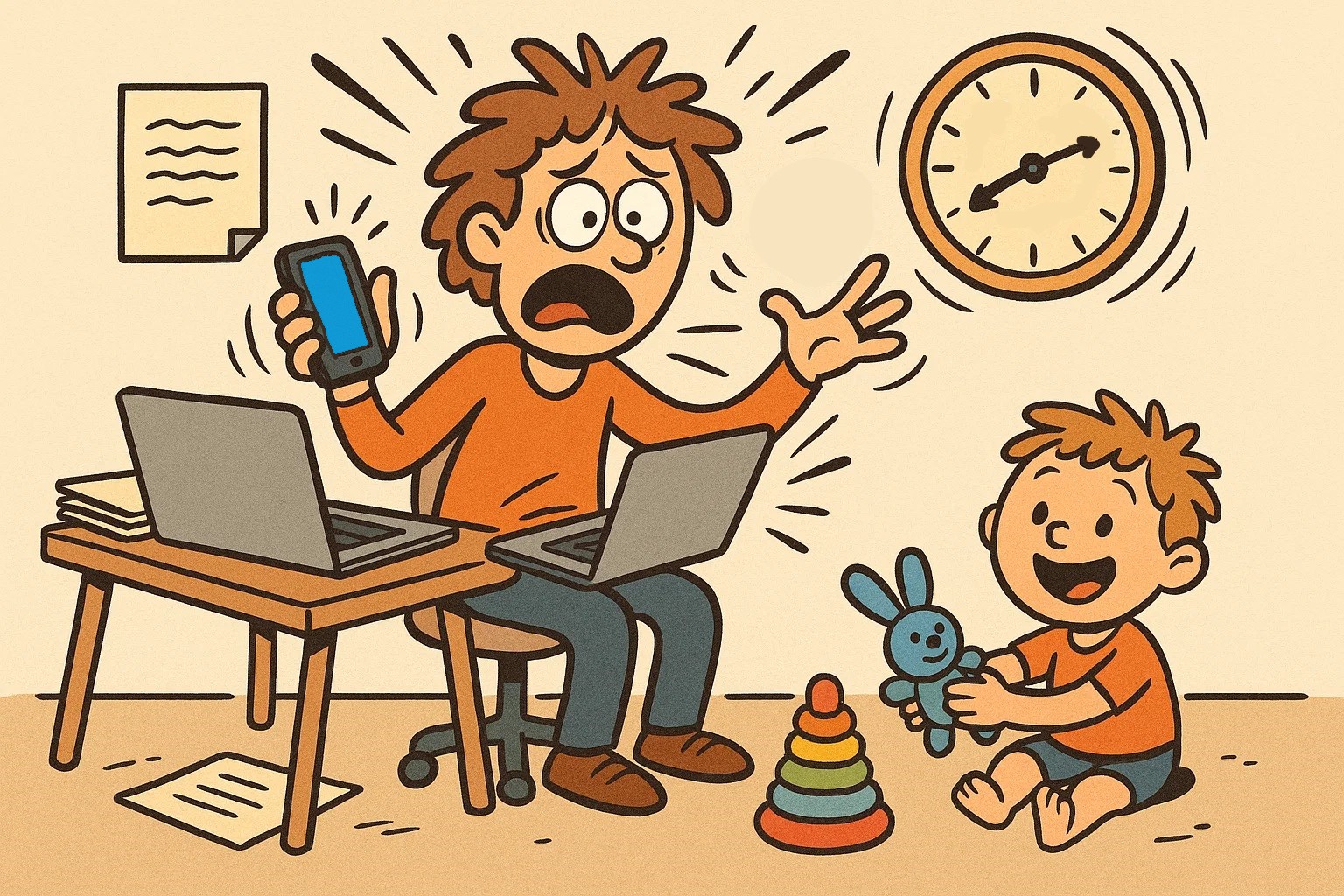 A cartoon of a person juggling work and family items in a chaotic home office. A cartoon of a person juggling work and family items in a chaotic home office.