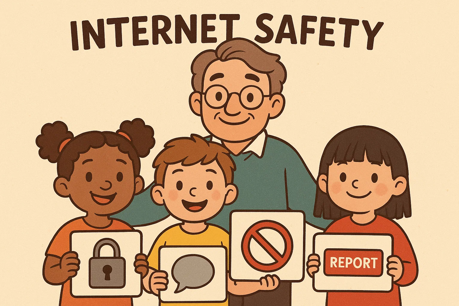 A cartoon of children holding up signs with symbols for online safety, with a parent standing behind them.