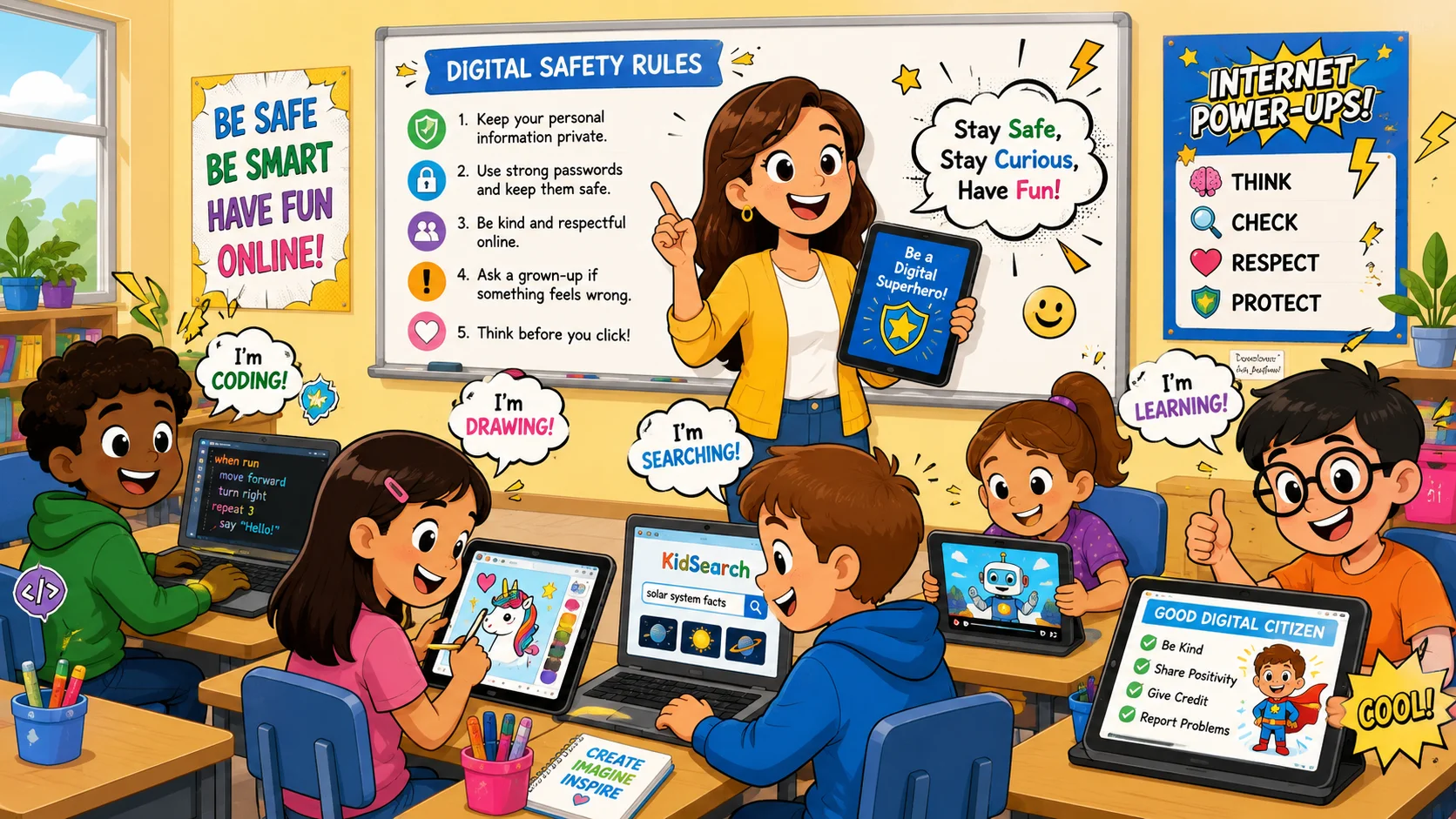 Digital literacy kids practice online safety in classroom.