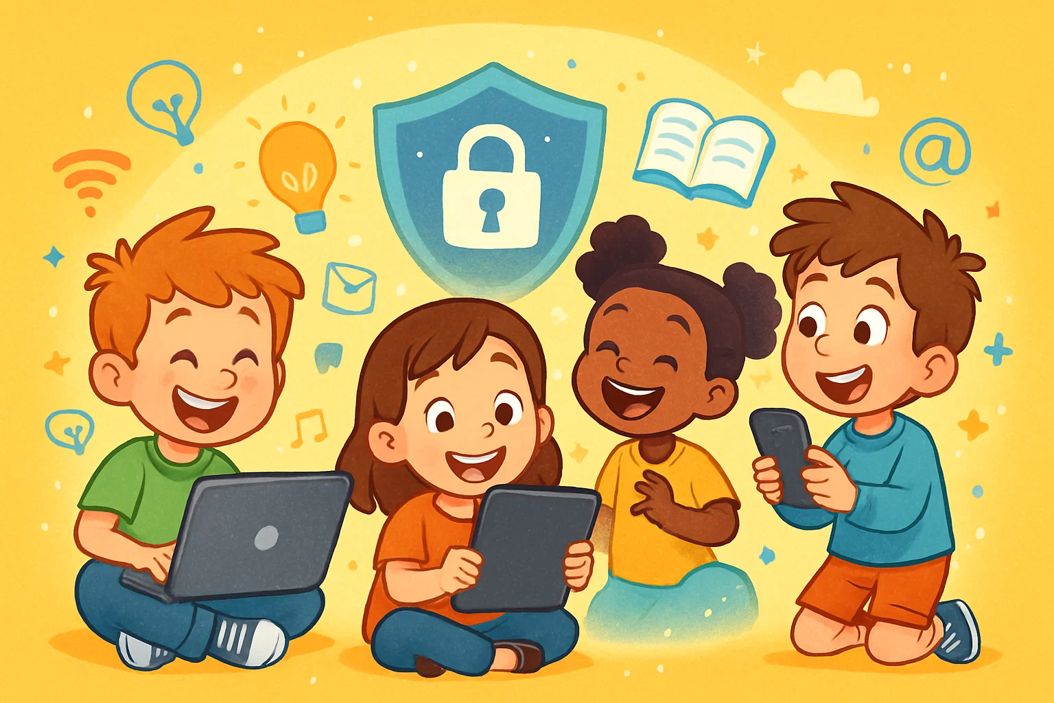 A playful cartoon showing happy children using digital devices safely, with a background of glowing icons representing digital literacy. A playful cartoon showing happy children using digital devices safely, with a background of glowing icons representing digital literacy.