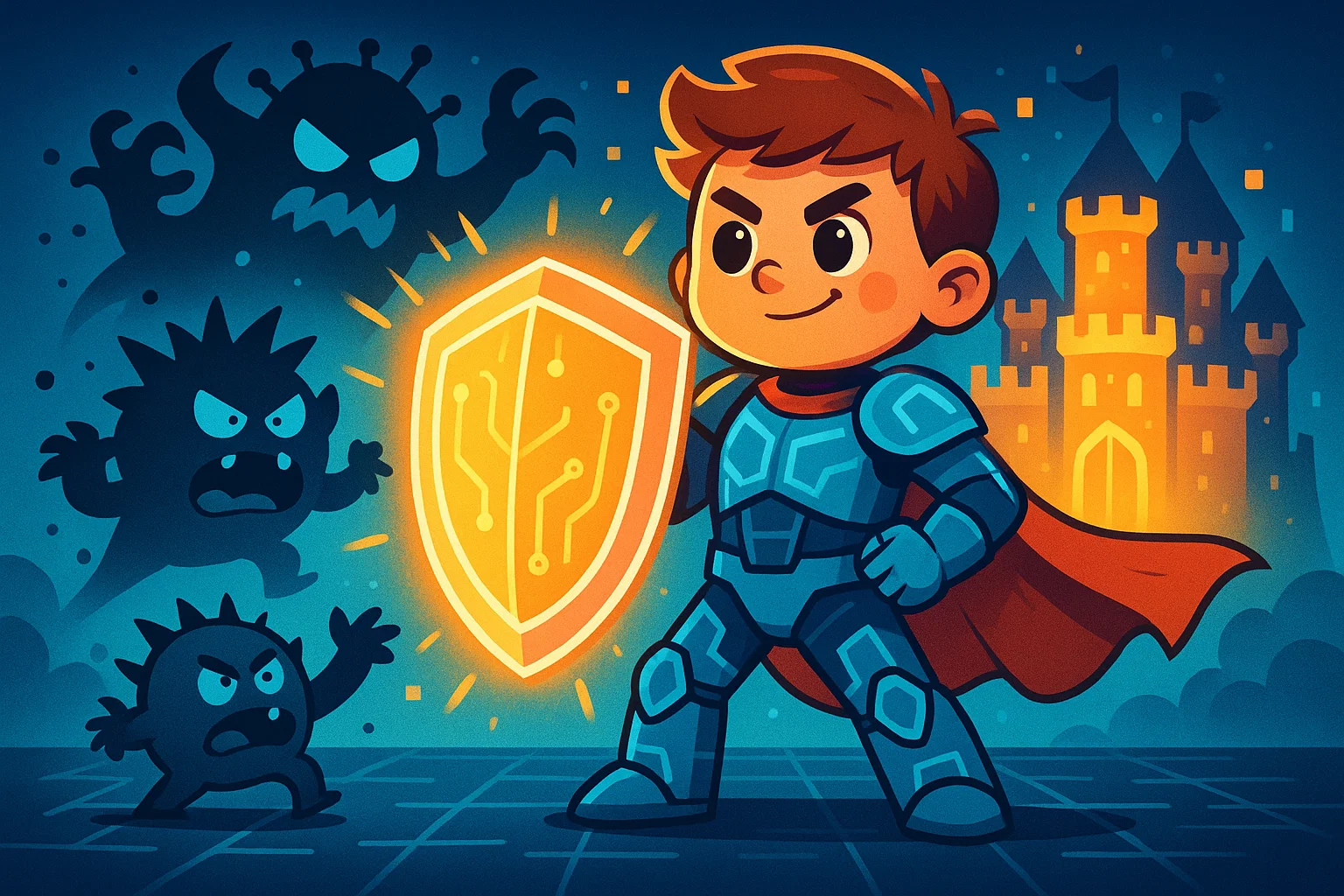 A cartoon of a child in a knight's armor, protecting a digital castle from a virus monster and a bully troll.
