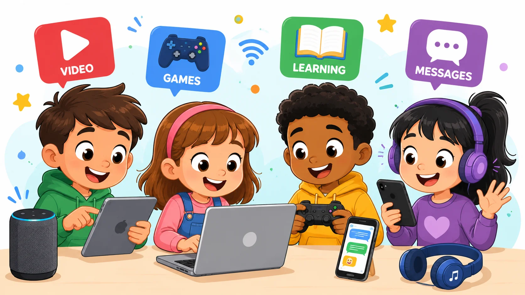 Digital technology children use, including tablets, laptops, phones, and games.