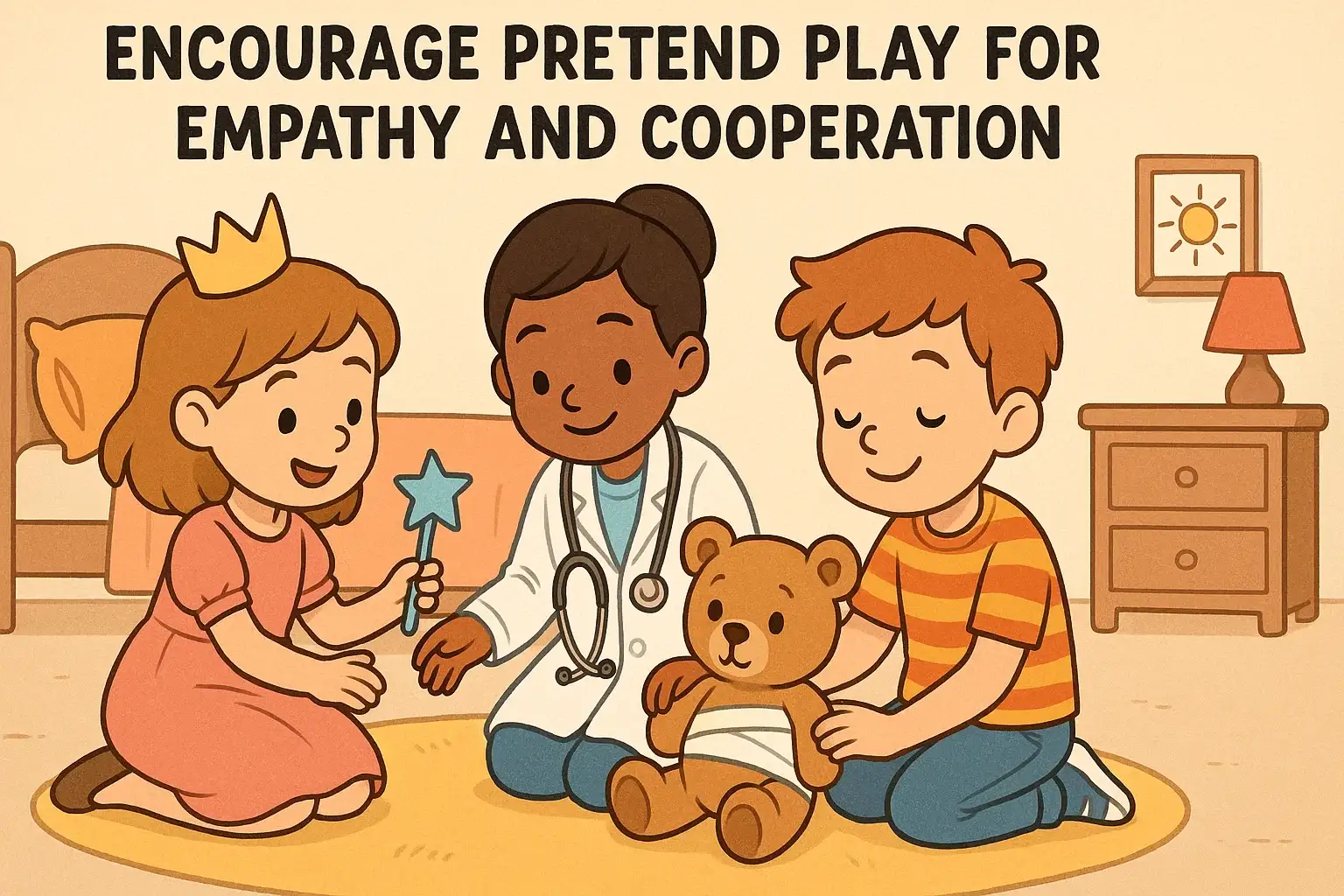 Encourage pretend play for empathy and cooperation. Kids using imagination to build social skills.