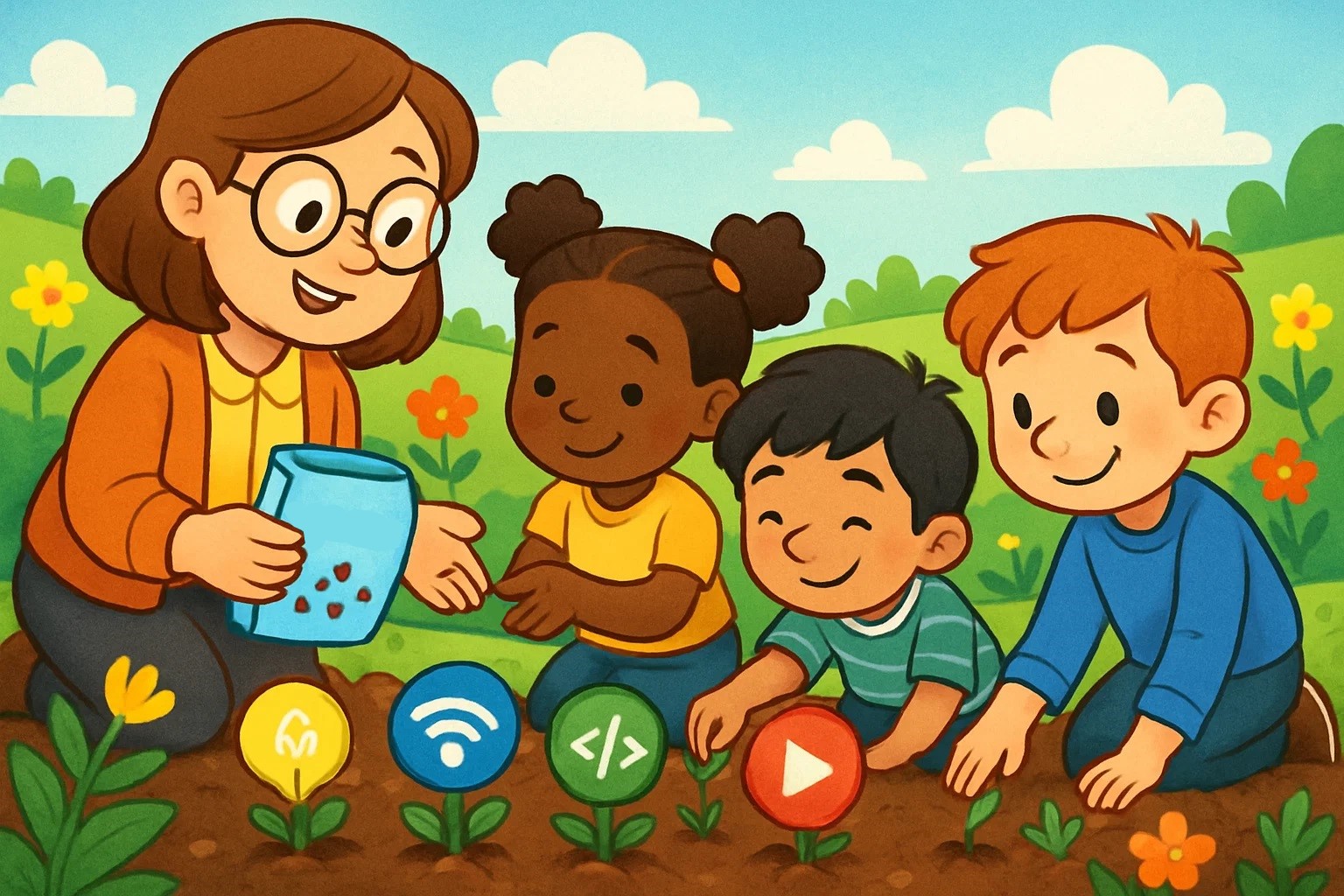 A cartoon of a teacher helping a diverse group of kids plant seeds of knowledge in a digital garden.