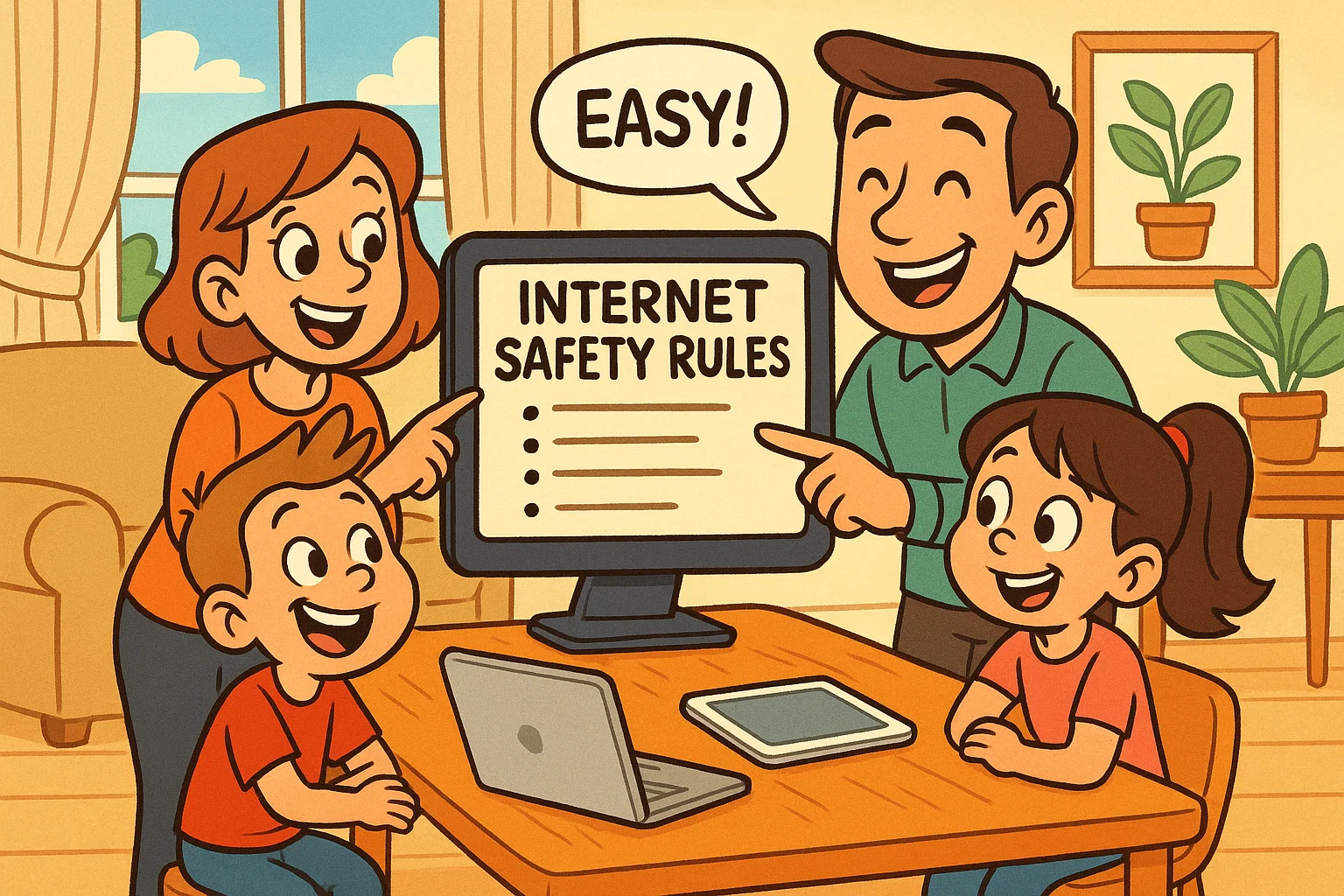 A cartoon family smiling while learning internet safety rules from a computer screen in their living room.