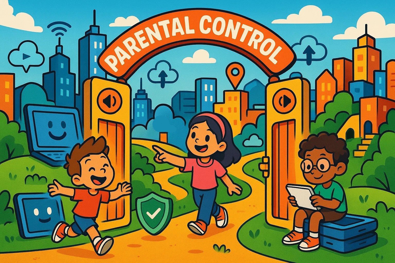 A cartoon of a digital city where a parental control gate protects kids from dangerous websites.