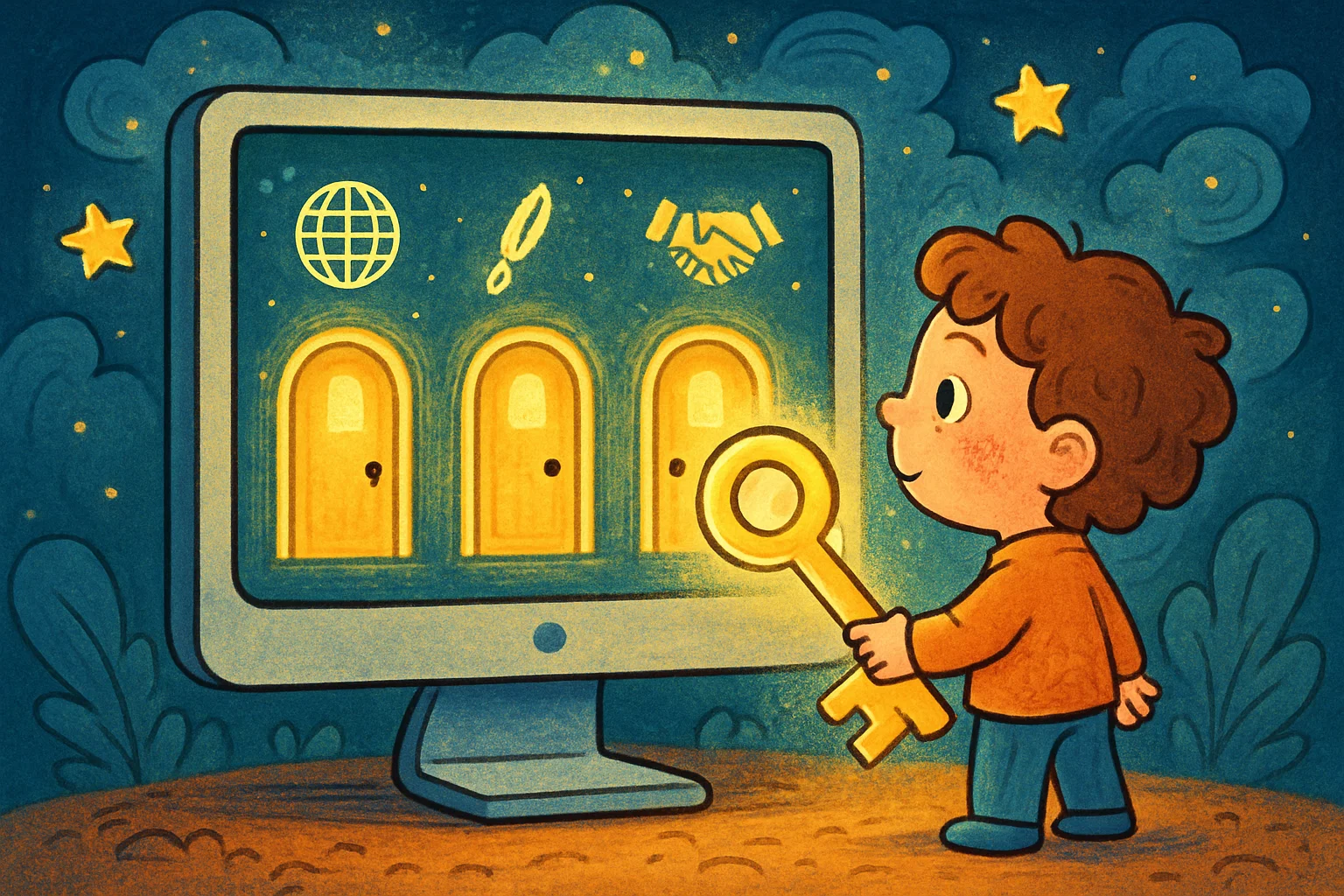 A whimsical cartoon of a child using keys on a magical computer to unlock doors labeled with different skills.