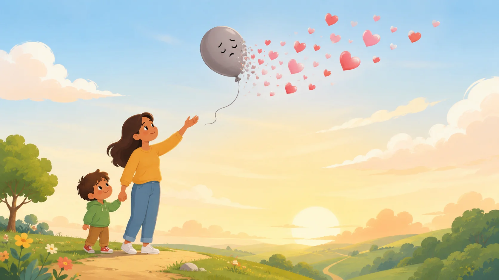 Parent and child releasing parental guilt balloon into hearts. 
