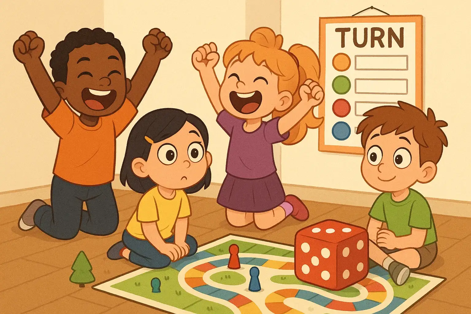Play turn based games to build patience and fairness. Children playing board game and taking turns.