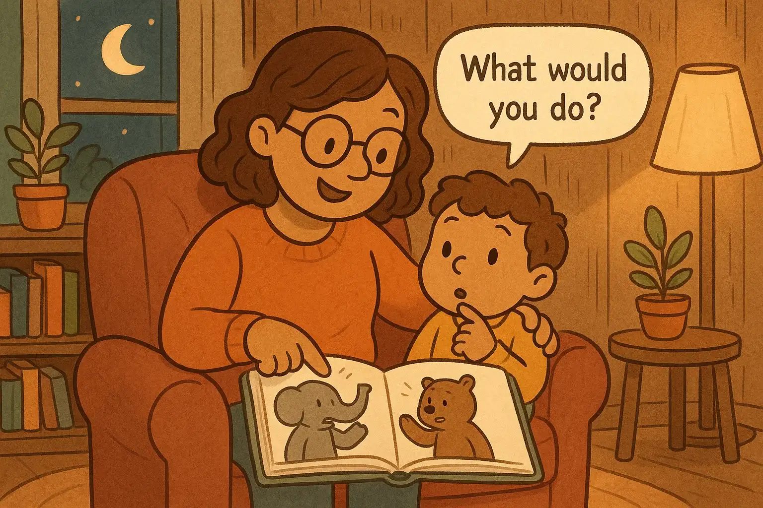 Read books that highlight social challenges and solutions. Parent teaching empathy through stories.