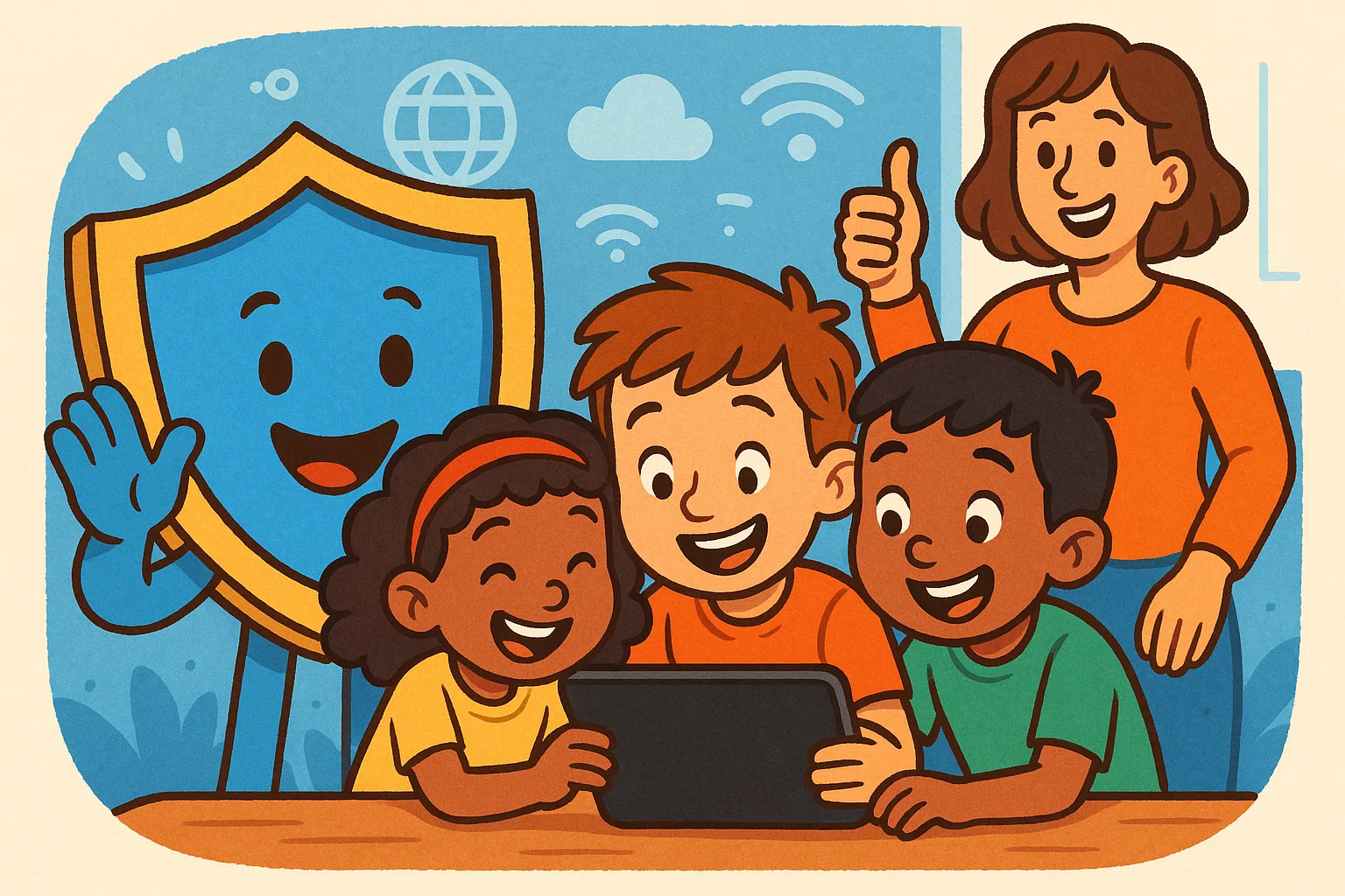A cartoon showing a shield protecting children as they safely use a tablet, with a parent watching.