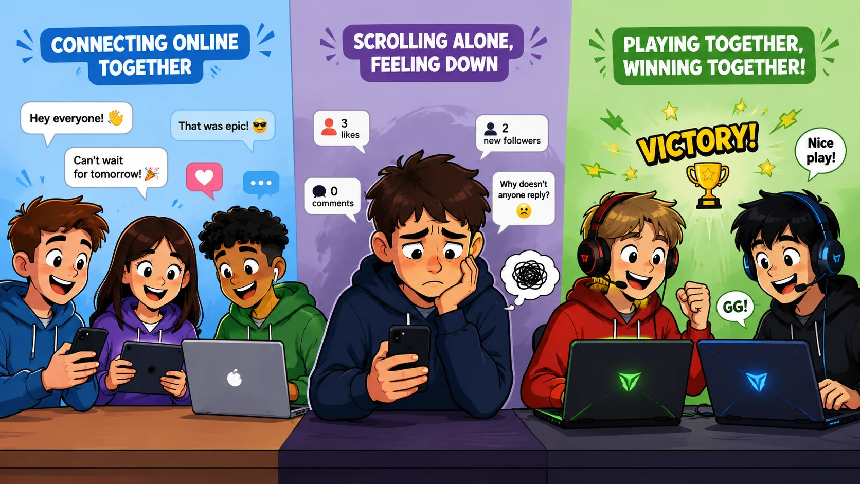 Screen time affects older children’s social development through chats and gaming.