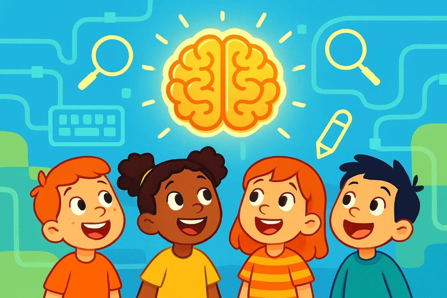 A friendly cartoon of a diverse group of kids happily exploring a digital world with symbols of knowledge and safety.