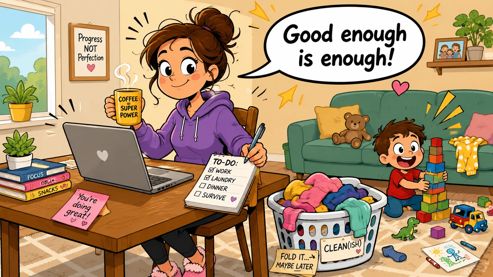 Work family balance tips with flexible parenting, home tasks, and child play. 