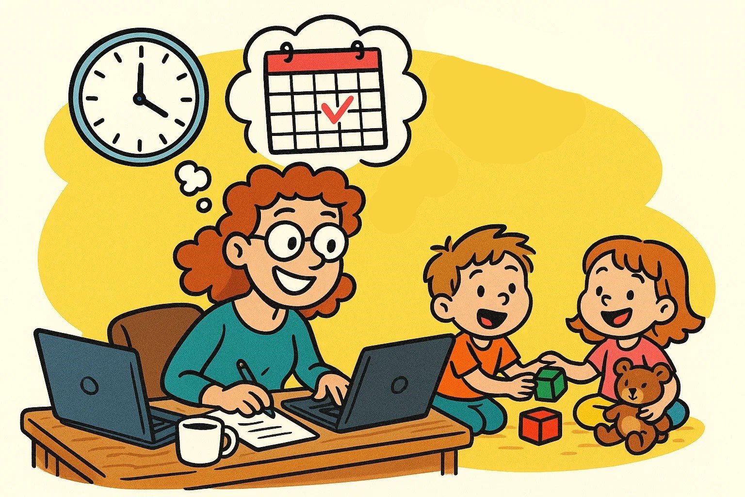 A cartoon of a happy parent at a desk, with thought bubbles showing a flexible schedule, while kids play nearby.