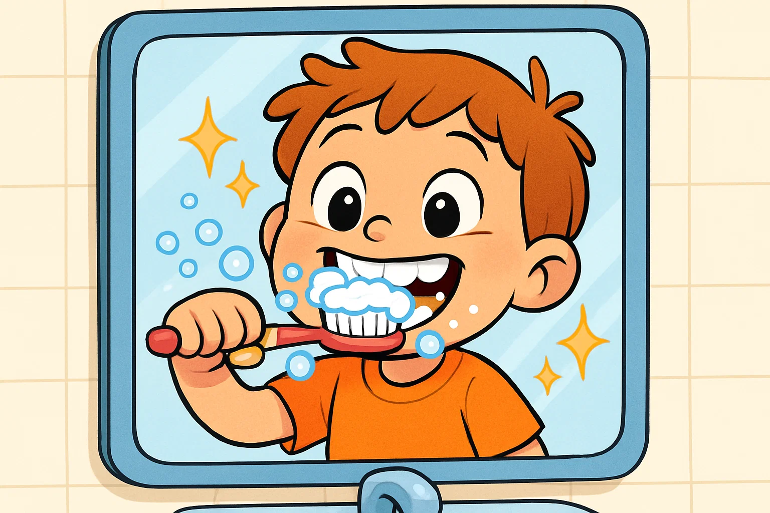 A playful cartoon of a smiling child and a talking toothbrush demonstrating good hygiene. A playful cartoon of a smiling child and a talking toothbrush demonstrating good hygiene.