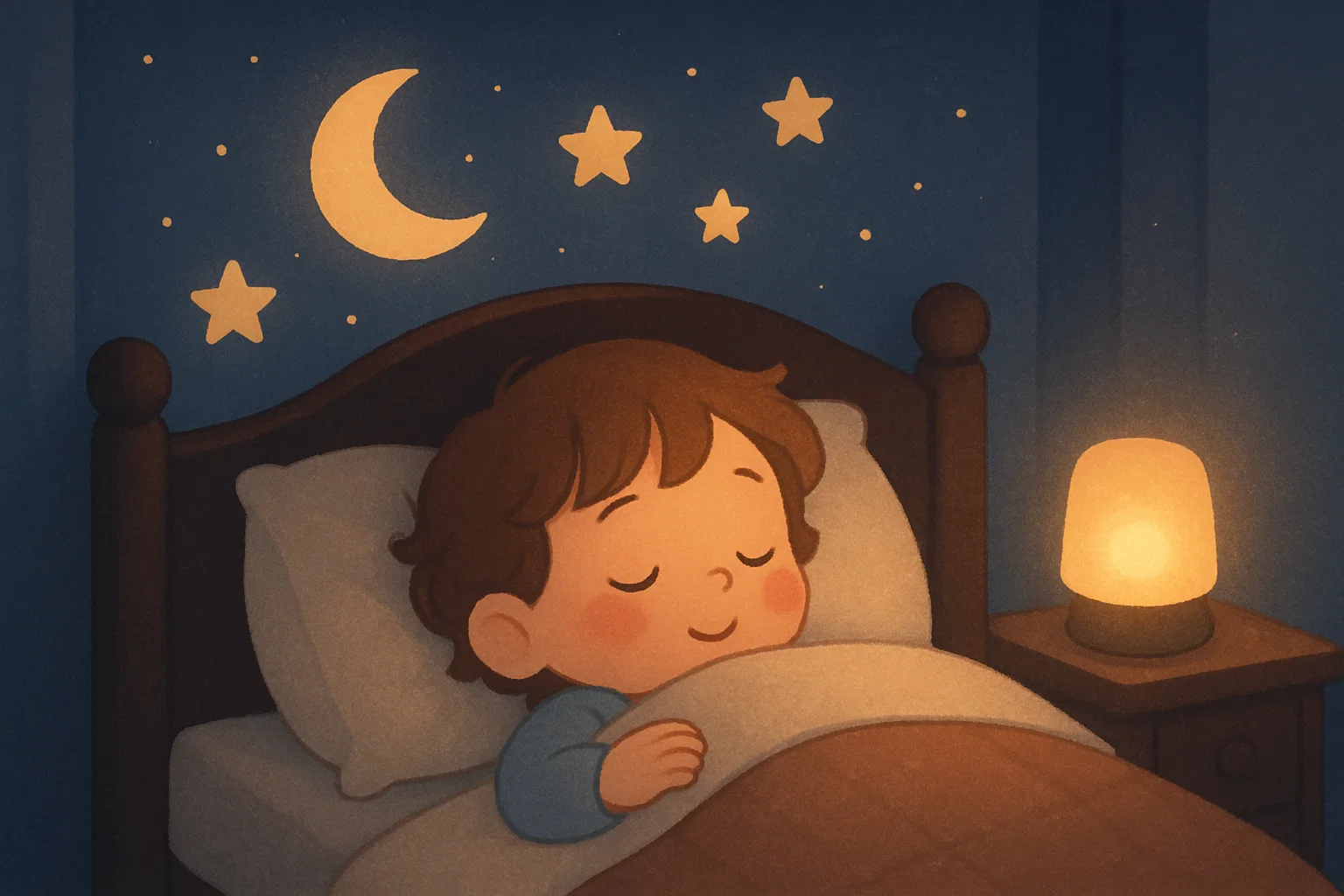 A sweet cartoon of a child sleeping peacefully in a cozy bed surrounded by stars and a moon. A sweet cartoon of a child sleeping peacefully in a cozy bed surrounded by stars and a moon.