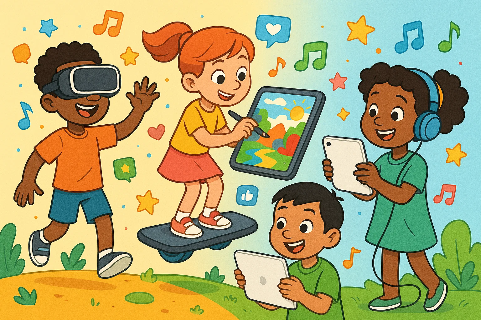 A cartoon of children happily using futuristic technology, including a VR headset and a tablet on a hoverboard. A cartoon of children happily using futuristic technology, including a VR headset and a tablet on a hoverboard.