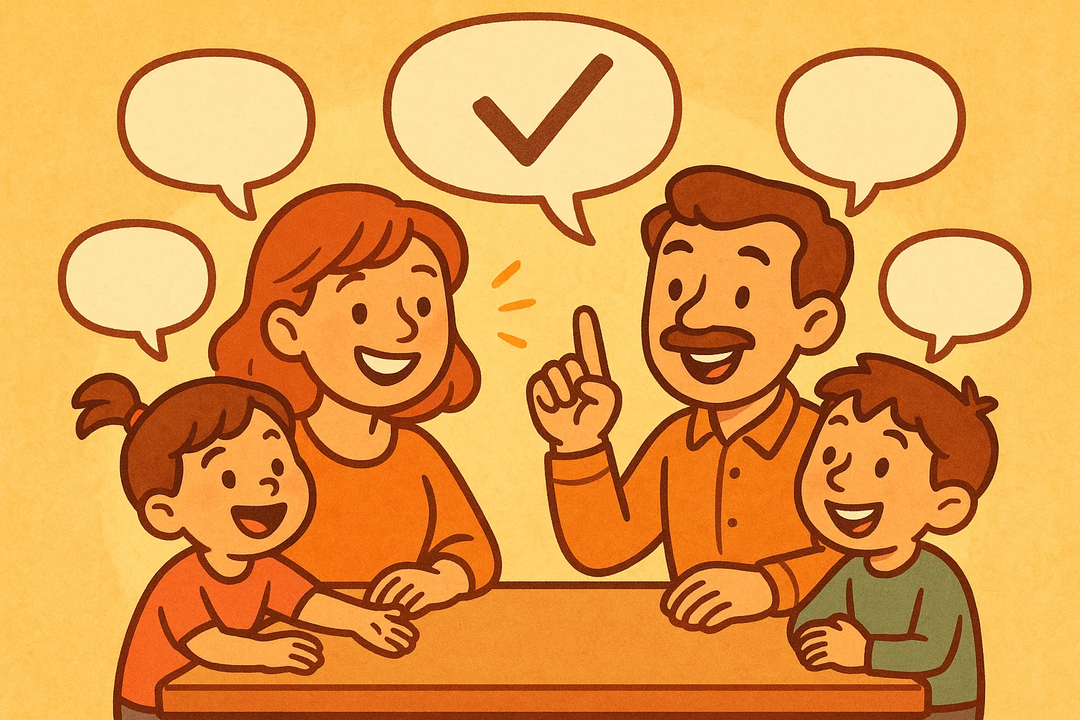 Cartoon of a family with speech bubbles, showing open discussion and a final decision, representing the consensual style.