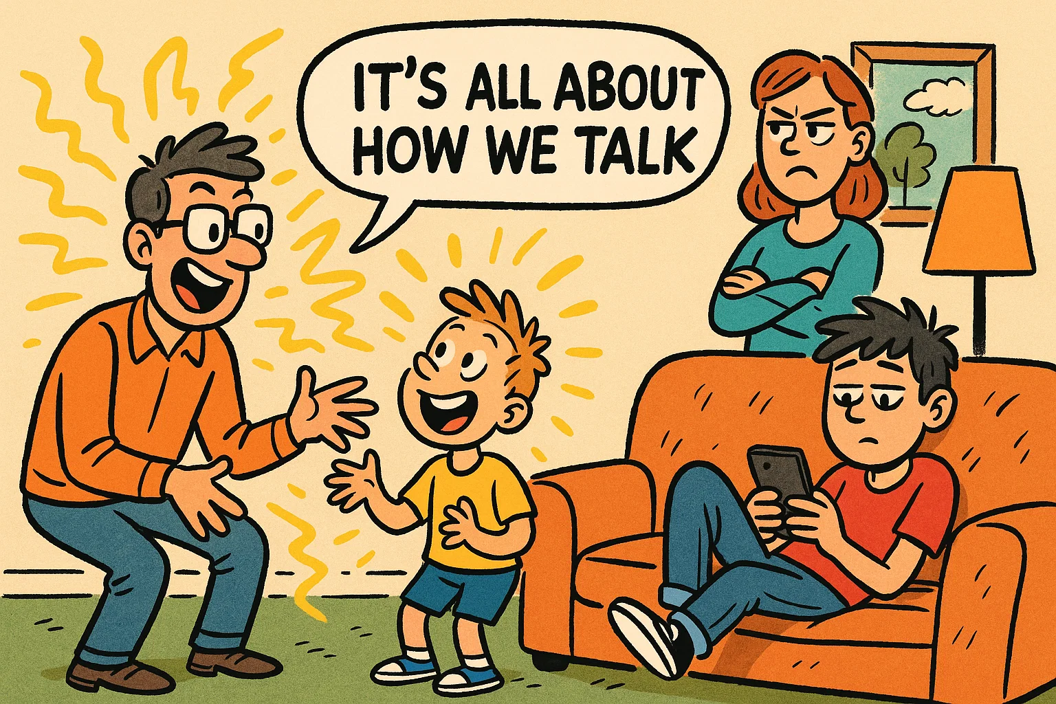 Cartoon of a family in a living room, each member showing a different communication style, with a speech bubble about talking.