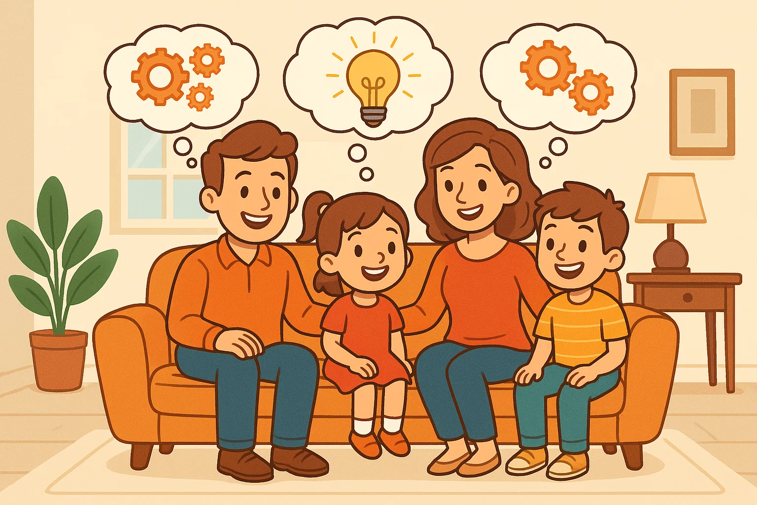 Cartoon of a family with thought bubbles showing gears and light bulbs, symbolizing communication patterns theory.