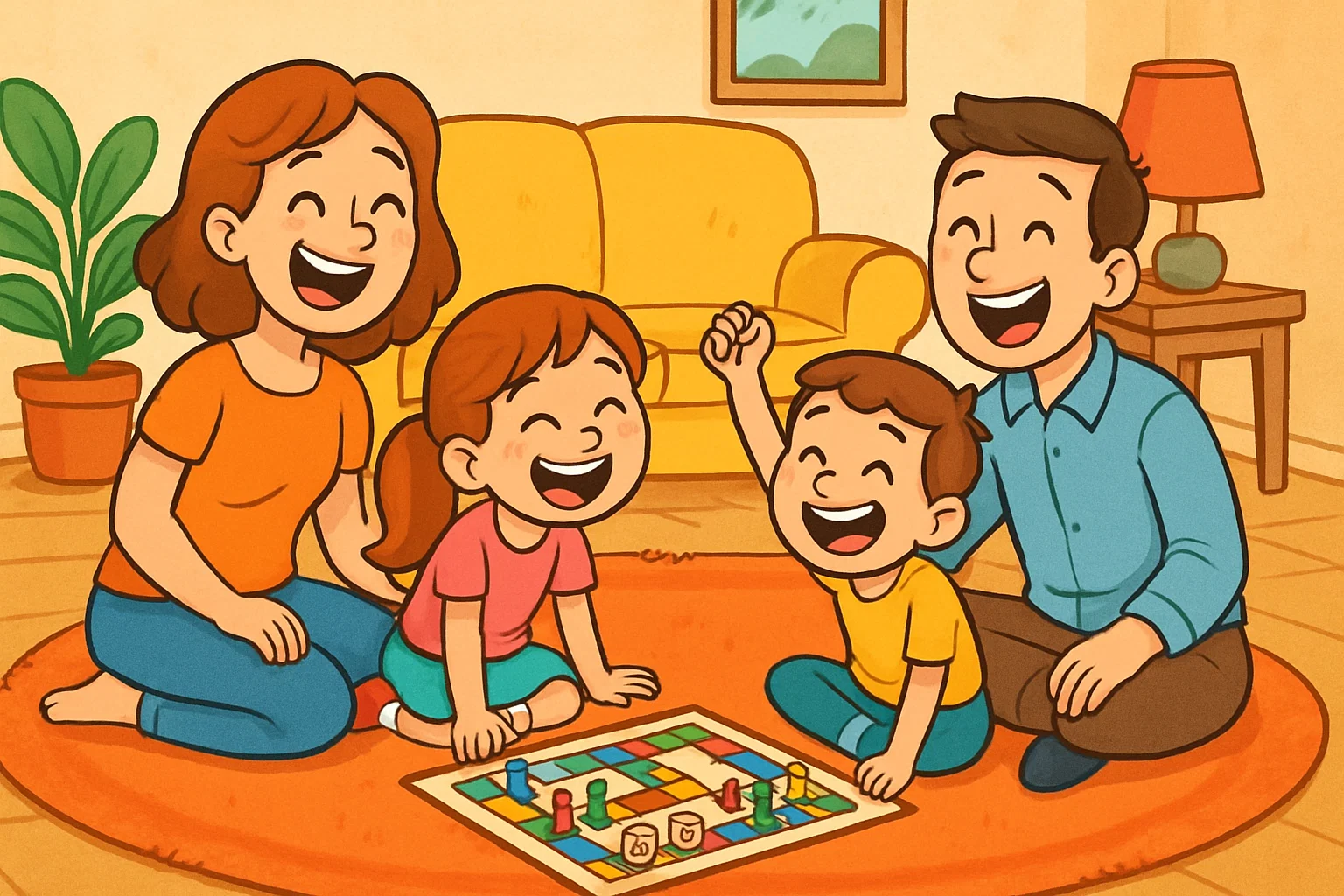A cheerful cartoon of a family playing board games and laughing together, without any screens nearby. A cheerful cartoon of a family playing board games and laughing together, without any screens nearby.